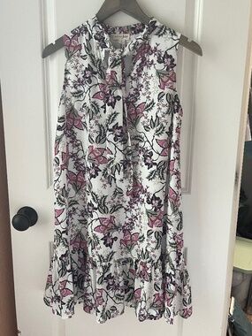 MAISON JULES  White Floral Sleeveless Tie Neck Mini Shift Dress Size Small
